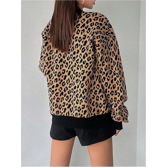 Women's Leopard Print Cardigan Long Sleeve V Neck Loose Sweater Outerwear - Picture 2 of 6